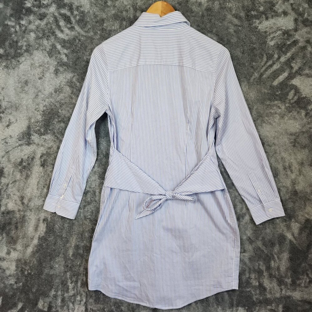 UNTUCKIT Women Blue White Pinstripe Front Tie Shirt Dress 8 Long Sleeve Button - Picture 7 of 10